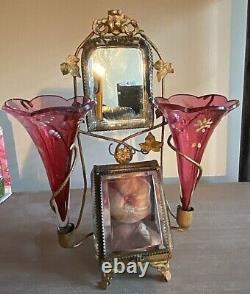 French Antique Gilded Watch Jewelry Box Beveled Glass & Mirror & Epergnes Vase