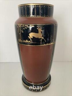 French Art Deco Black and Pompeian Red Opaline Glass Hand Painted Vase RARE