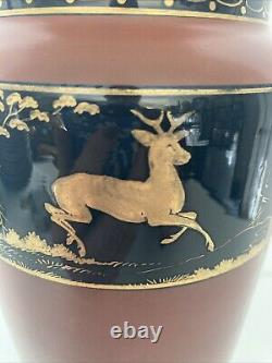 French Art Deco Black and Pompeian Red Opaline Glass Hand Painted Vase RARE
