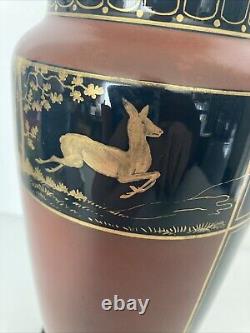 French Art Deco Black and Pompeian Red Opaline Glass Hand Painted Vase RARE