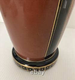 French Art Deco Black and Pompeian Red Opaline Glass Hand Painted Vase RARE
