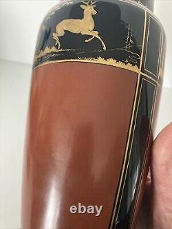 French Art Deco Black and Pompeian Red Opaline Glass Hand Painted Vase RARE