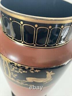 French Art Deco Black and Pompeian Red Opaline Glass Hand Painted Vase RARE
