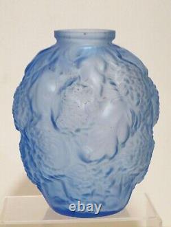 French Art Deco Blue Glass Vase with Chrysanthemums