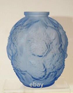 French Art Deco Blue Glass Vase with Chrysanthemums