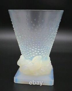 French Art Deco SABINO Opalescent Conical & Bird Art Glass Vase Signed & Labeled