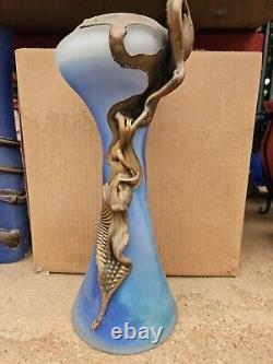 French Art Deco Style Blown Glass Blue/yellow Vase Metal Coated #2