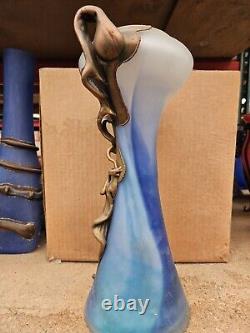 French Art Deco Style Blown Glass Blue/yellow Vase Metal Coated #2