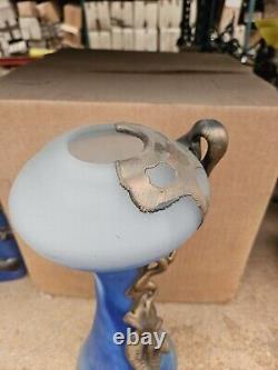 French Art Deco Style Blown Glass Blue/yellow Vase Metal Coated #2