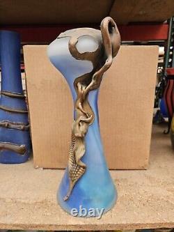 French Art Deco Style Blown Glass Blue/yellow Vase Metal Coated #2