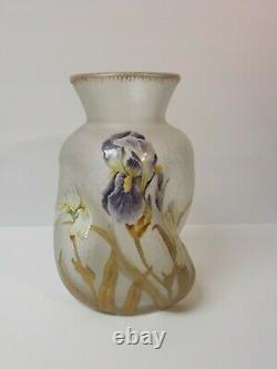 French Art Glass Mont Joye Delvaux Enameled 11.25 Vase, Chipped Ice Texture