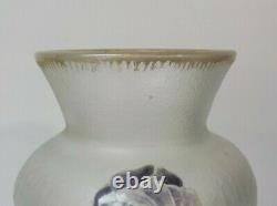 French Art Glass Mont Joye Delvaux Enameled 11.25 Vase, Chipped Ice Texture