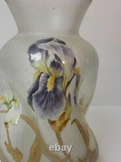 French Art Glass Mont Joye Delvaux Enameled 11.25 Vase, Chipped Ice Texture