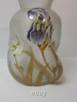 French Art Glass Mont Joye Delvaux Enameled 11.25 Vase, Chipped Ice Texture