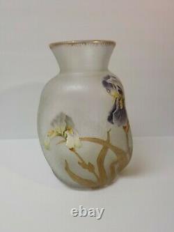 French Art Glass Mont Joye Delvaux Enameled 11.25 Vase, Chipped Ice Texture