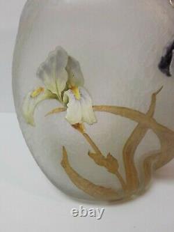 French Art Glass Mont Joye Delvaux Enameled 11.25 Vase, Chipped Ice Texture