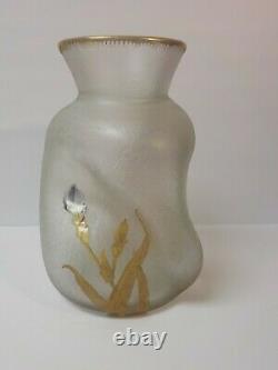 French Art Glass Mont Joye Delvaux Enameled 11.25 Vase, Chipped Ice Texture