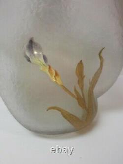 French Art Glass Mont Joye Delvaux Enameled 11.25 Vase, Chipped Ice Texture