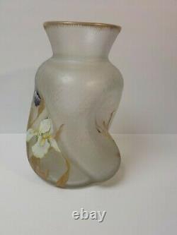 French Art Glass Mont Joye Delvaux Enameled 11.25 Vase, Chipped Ice Texture