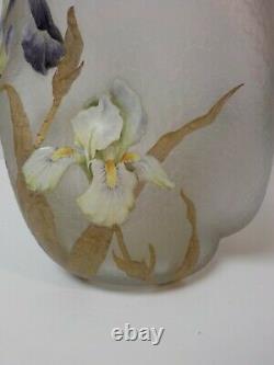 French Art Glass Mont Joye Delvaux Enameled 11.25 Vase, Chipped Ice Texture