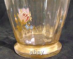 French Art Glass Optic Ribbed Enamel Vase Legras Baccarat Mont Joye Gold Roses