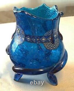 French Art Nouveau Auguste Jean Enamel Mica Glass Vase Iridized Serpent Feet