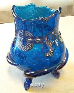 French Art Nouveau Auguste Jean Enamel Mica Glass Vase Iridized Serpent Feet