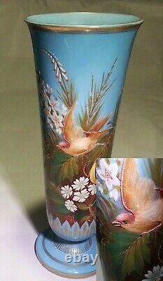 French Art Nouveau Baccarat Blue Opal Opaline Glass Vase Enamel Bird High Relief