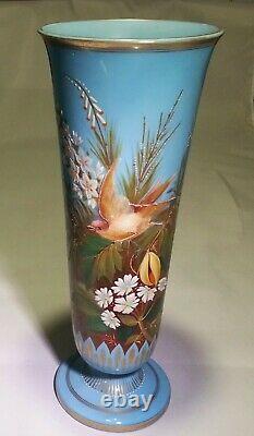 French Art Nouveau Baccarat Blue Opal Opaline Glass Vase Enamel Bird High Relief