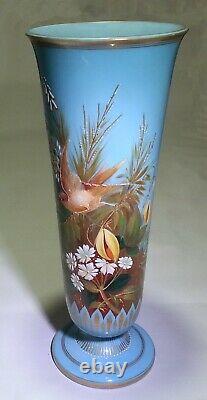 French Art Nouveau Baccarat Blue Opal Opaline Glass Vase Enamel Bird High Relief