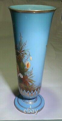 French Art Nouveau Baccarat Blue Opal Opaline Glass Vase Enamel Bird High Relief