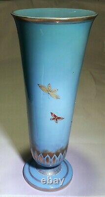 French Art Nouveau Baccarat Blue Opal Opaline Glass Vase Enamel Bird High Relief