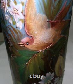 French Art Nouveau Baccarat Blue Opal Opaline Glass Vase Enamel Bird High Relief