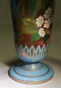 French Art Nouveau Baccarat Blue Opal Opaline Glass Vase Enamel Bird High Relief