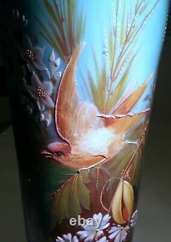 French Art Nouveau Baccarat Blue Opal Opaline Glass Vase Enamel Bird High Relief