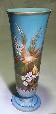 French Art Nouveau Baccarat Blue Opal Opaline Glass Vase Enamel Bird High Relief