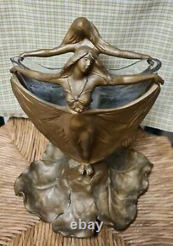 French Art Nouveau Bronze Spelter Cast Iron Lady Woman Glass Vase Insert c1900