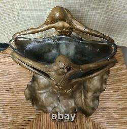 French Art Nouveau Bronze Spelter Cast Iron Lady Woman Glass Vase Insert c1900