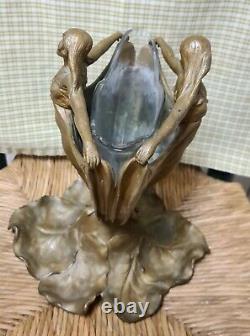 French Art Nouveau Bronze Spelter Cast Iron Lady Woman Glass Vase Insert c1900