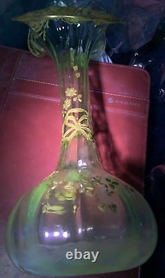 French Art Nouveau Crystal Vase Uv Glow Legras Glass Gilt Jack Pulpit Enameled