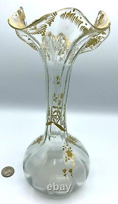 French Art Nouveau Crystal Vase Uv Glow Legras Glass Gilt Jack Pulpit Enameled