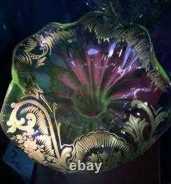 French Art Nouveau Crystal Vase Uv Glow Legras Glass Gilt Jack Pulpit Enameled