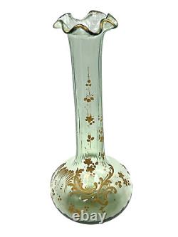 French Art Nouveau Mont Joy Legras Vase Green Glass Gold Enamel 10 Tall