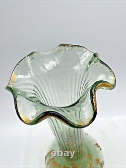 French Art Nouveau Mont Joy Legras Vase Green Glass Gold Enamel 10 Tall