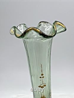 French Art Nouveau Mont Joy Legras Vase Green Glass Gold Enamel 10 Tall