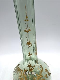 French Art Nouveau Mont Joy Legras Vase Green Glass Gold Enamel 10 Tall