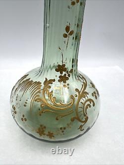 French Art Nouveau Mont Joy Legras Vase Green Glass Gold Enamel 10 Tall