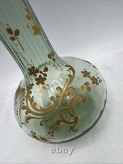 French Art Nouveau Mont Joy Legras Vase Green Glass Gold Enamel 10 Tall