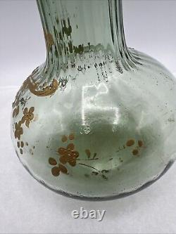 French Art Nouveau Mont Joy Legras Vase Green Glass Gold Enamel 10 Tall