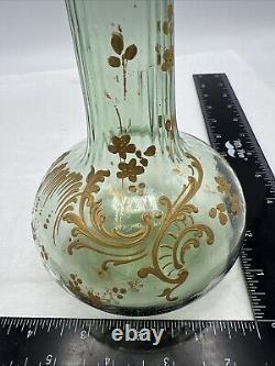 French Art Nouveau Mont Joy Legras Vase Green Glass Gold Enamel 10 Tall